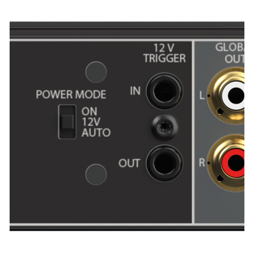 Three power mode control options include 12V trigger, audio sensing inputs or always on